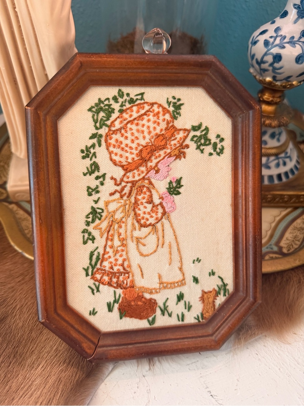 Vintage 1970s Prairie Girl Crewel Embroidery | Holly Hobbie Style Framed Art